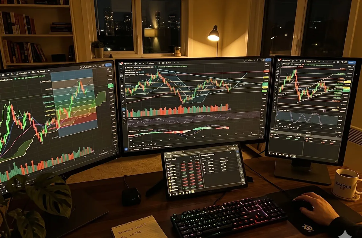 A professional multi-monitor trading desk running live charts