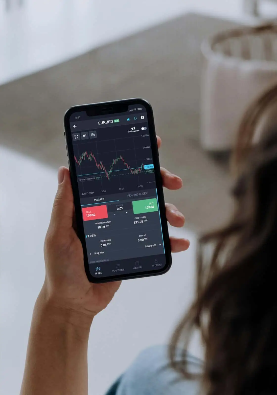 Match-Trader mobile app showing a live EUR/USD chart with buy and sell